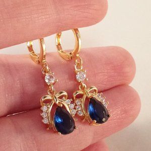 18K Yellow Gold Filled Diamond Zircon Navy Blue Bow Knot Dangle Earrings 1.25ctw